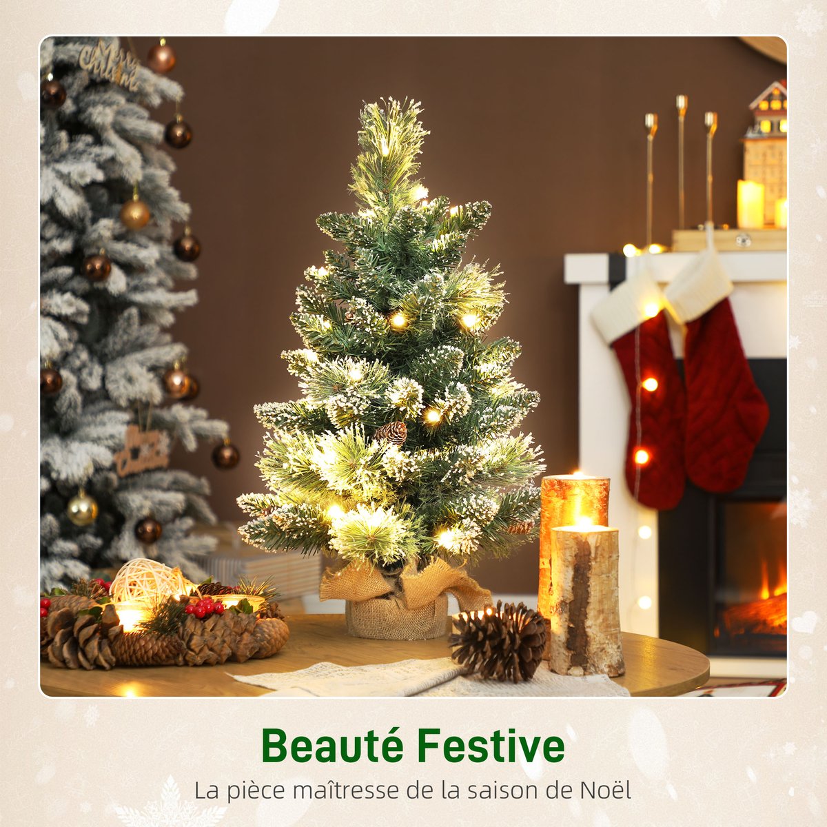 Sapin de Noël artificiel LED de table bureau H.60cm avec décorations toile de lin vert, HOMCOM