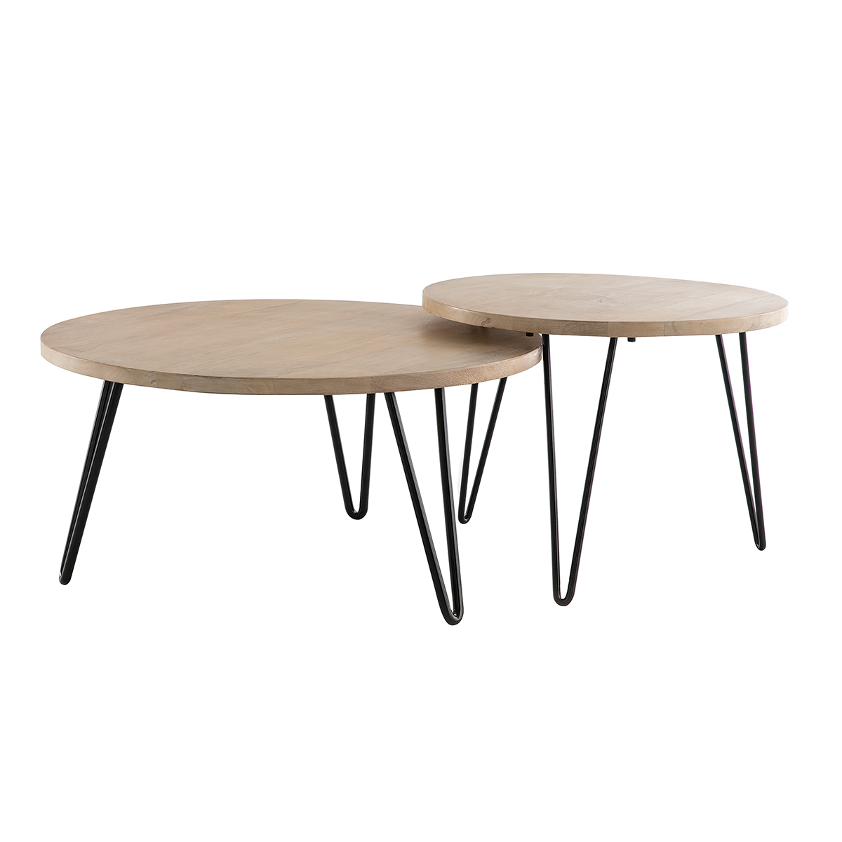 Tables basses gigognes rondes bois manguier massif et métal noir (lot de 2) VIBES bois clair / noir, MILIBOO