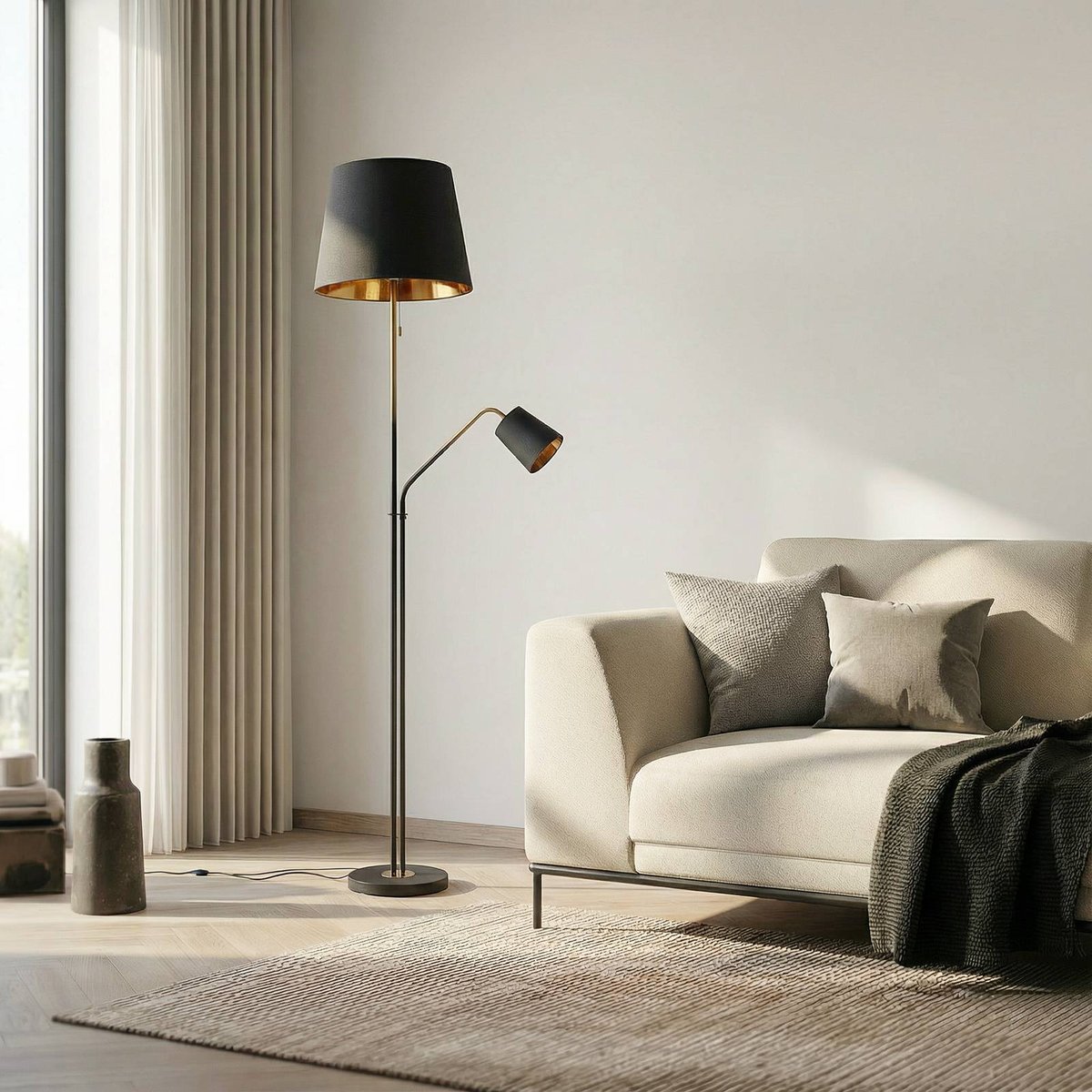 Lampadaire en métal moderne, Efalia noir, or, LINDBY