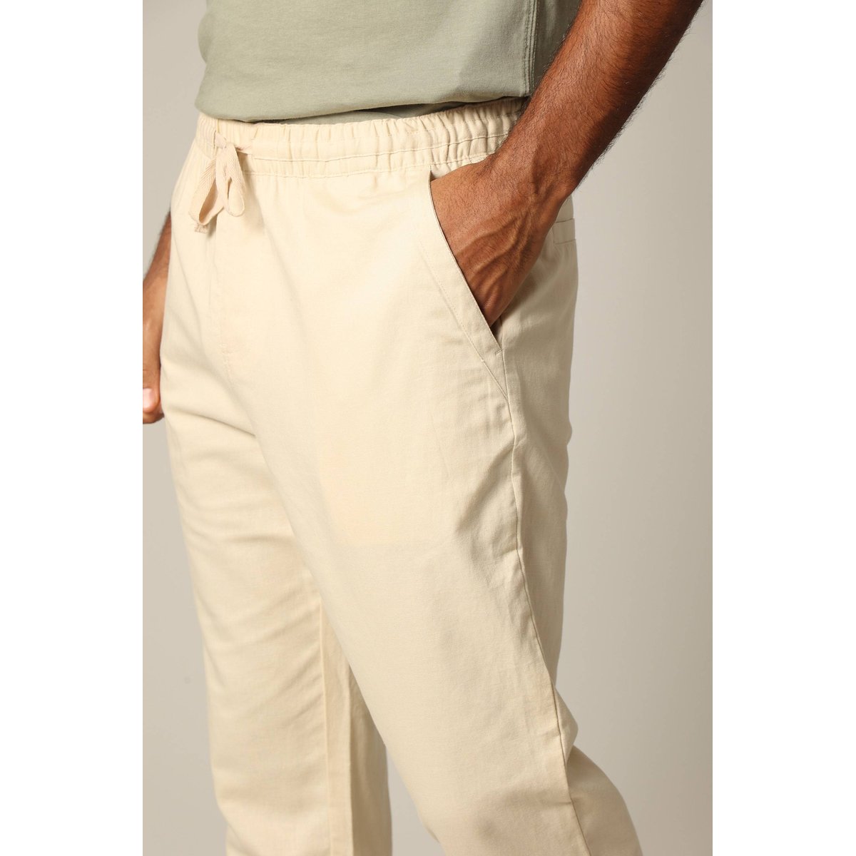 Pantalon en coton et lin avec taille élastiquée et cordon GLADES savane, DEELUXE