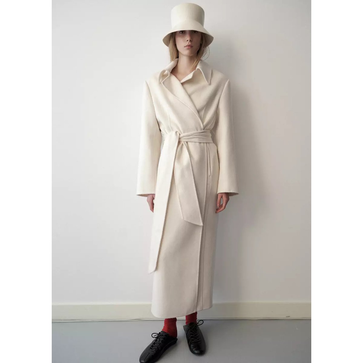 Manteau laine ceinture blanc cassé, MANGO