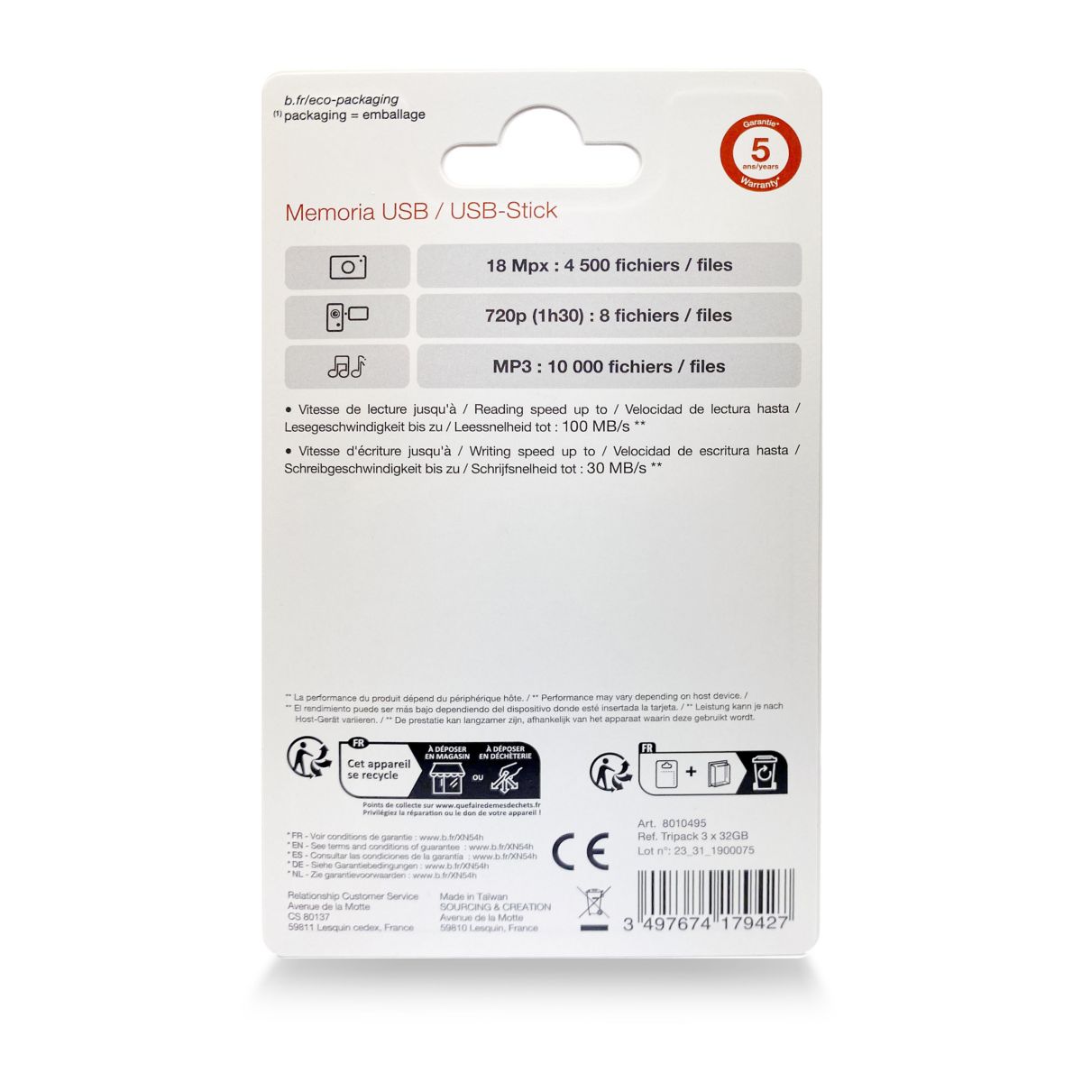 Clé USB Tripack x 3 32Go couleur unique, ESSENTIEL B