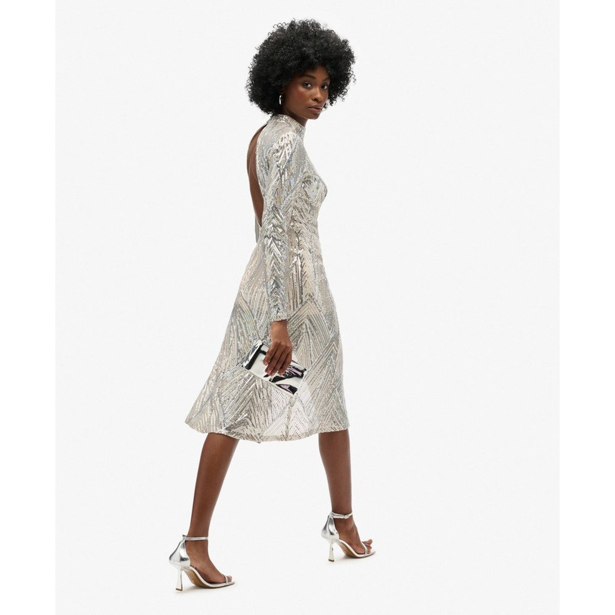 Robe mi-longue à manches longues et dos ouvert sequins argentés, SUPERDRY