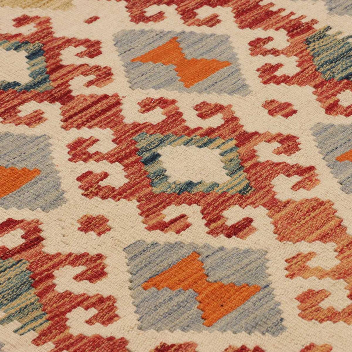 Tapis kilim ethnique au motif tribal, tissé plat en laine, KILIM 23 multicolore, orange, rouge, UN AMOUR DE TAPIS