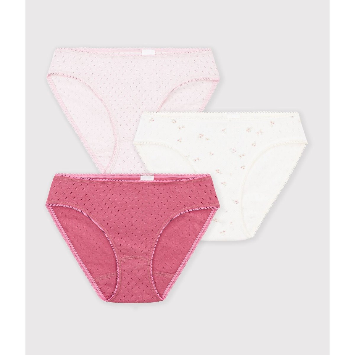 Pack of 3 Cotton Knickers pink/white set, PETIT BATEAU