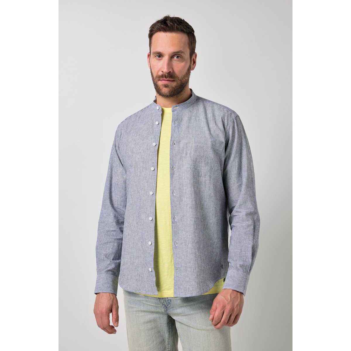 Chemise à rayures en lin mélangé bleu marine, JP1880