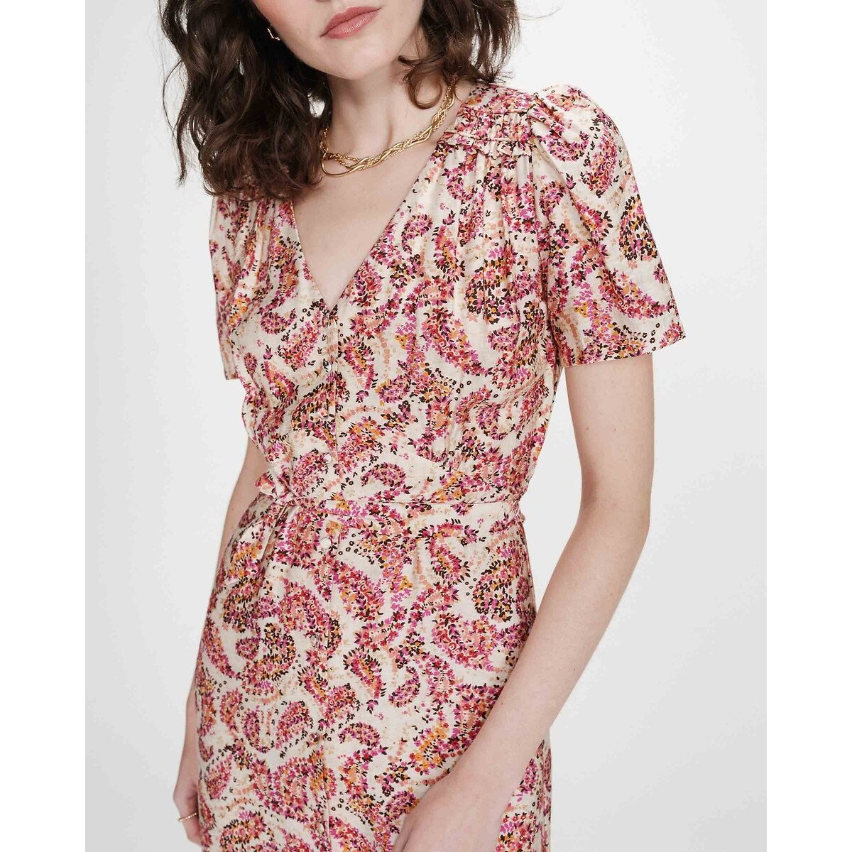 Robe courte imprimée, col V VICTOIRE imprimé rose, GRACE & MILA