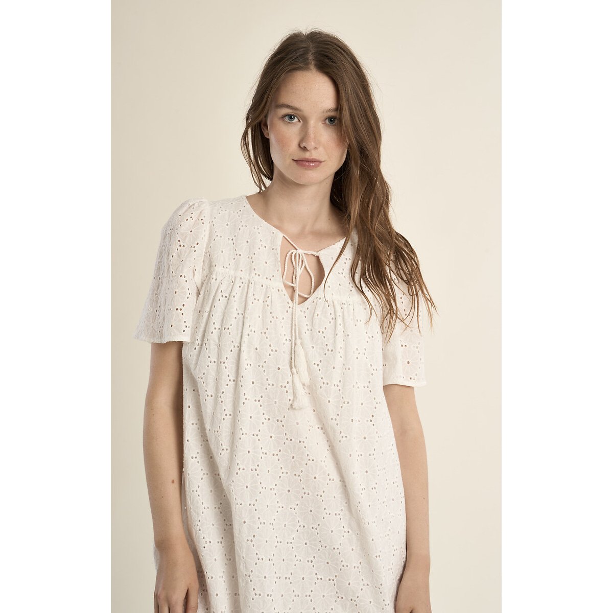 Robe courte manches courtes col noué blanc, MOLLY BRACKEN
