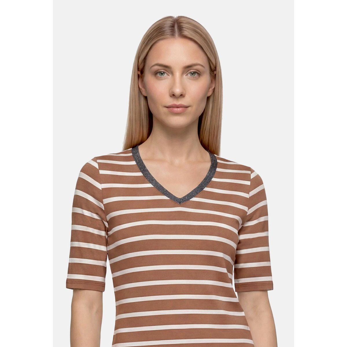 T-shirt à rainures à encolure en v brown/nature, BETTY BARCLAY