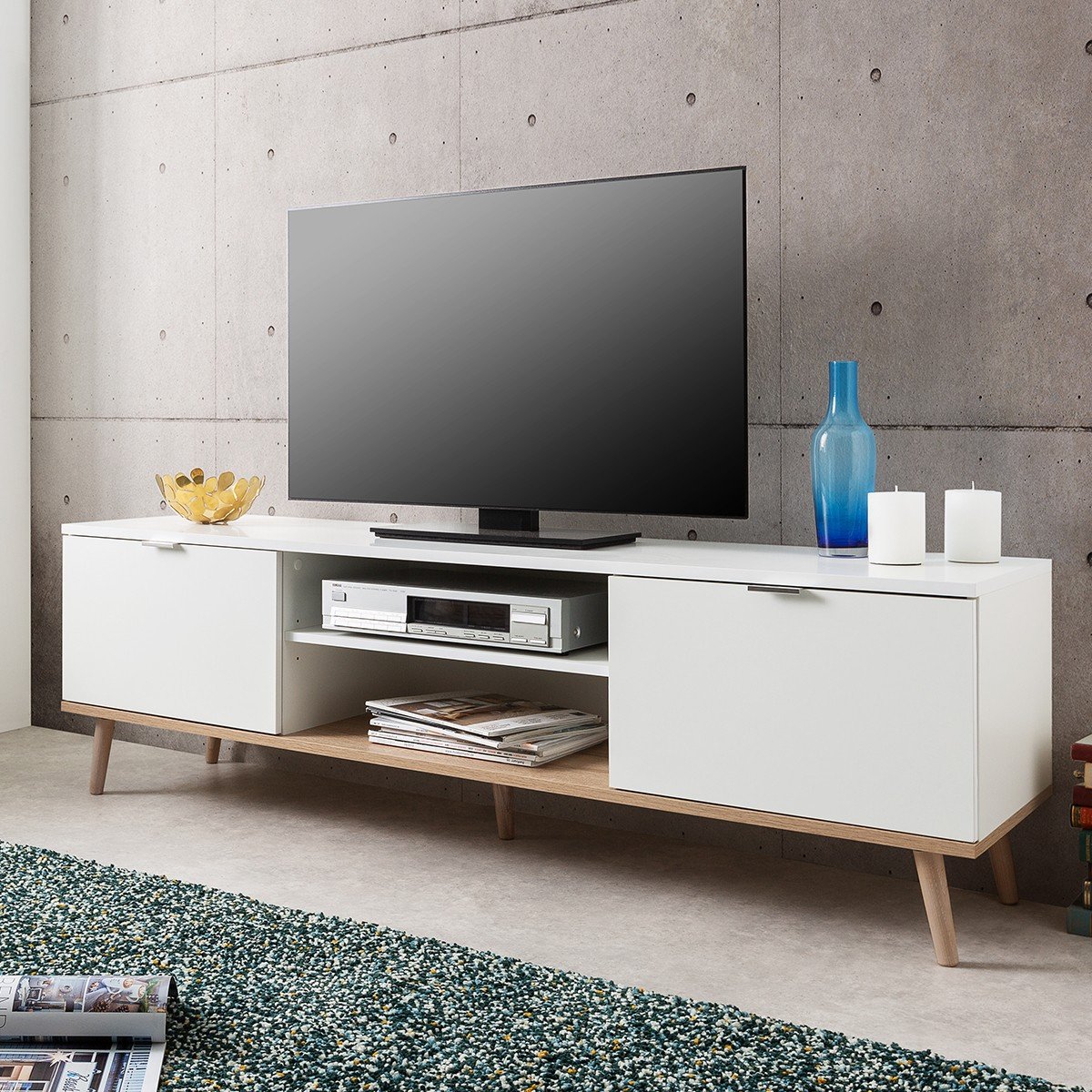 Meuble TV 2 Portes 2 Niches L160 cm - COPENHAGUE blanc, CALICOSY