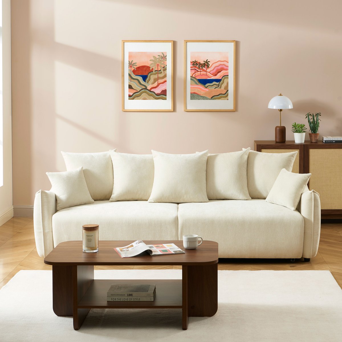 Canapé droit convertible tissu OPALINE beige, BAÏTA
