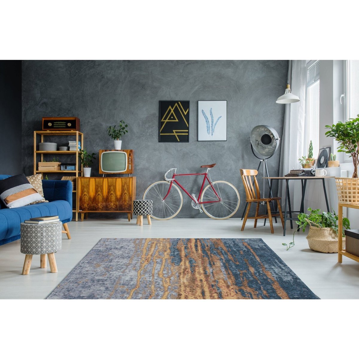 Tapis rectangulaire tissé à la main beige, bleu, ARTE ESPINA