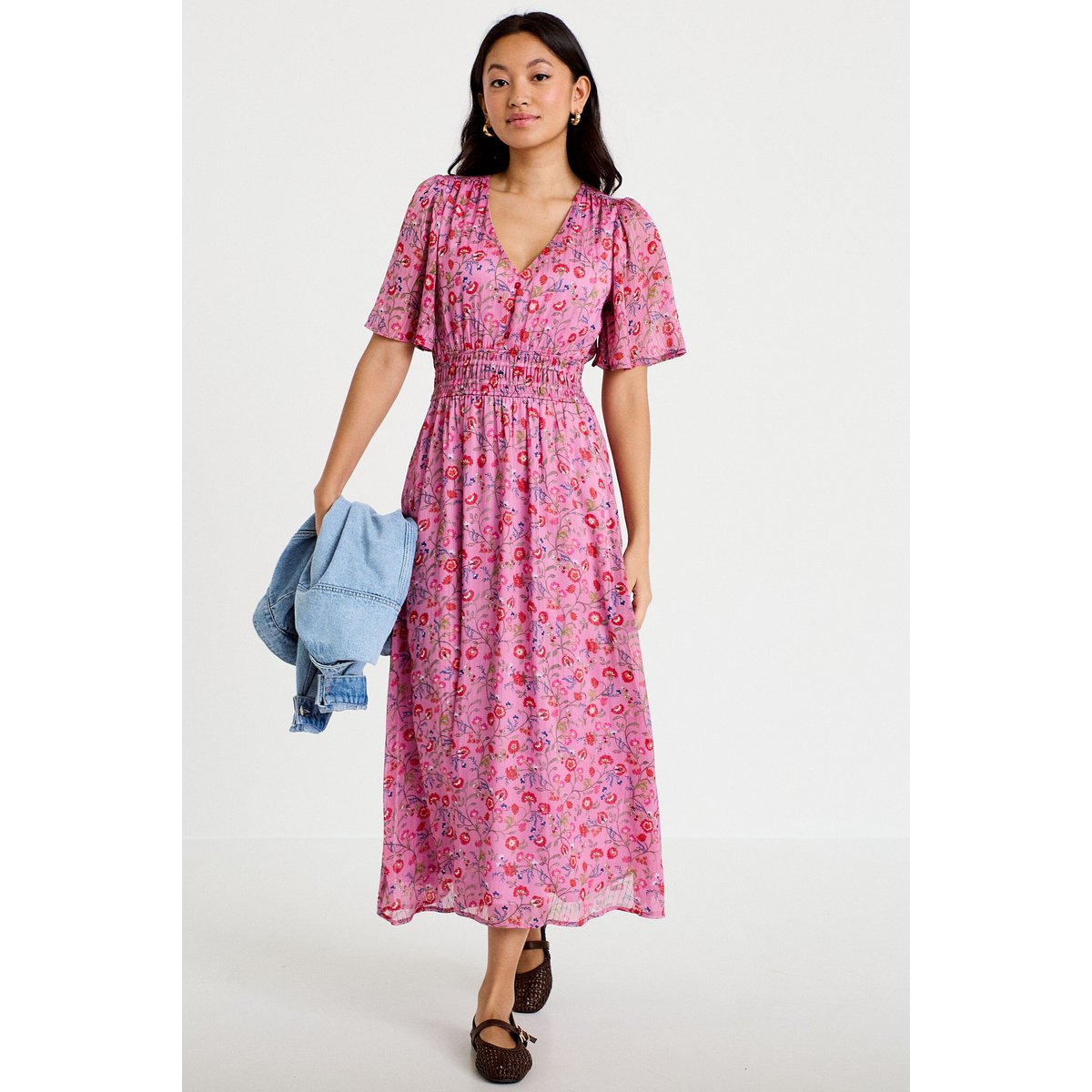 Robe longue évasée voile manches courtes rose, CACHE CACHE