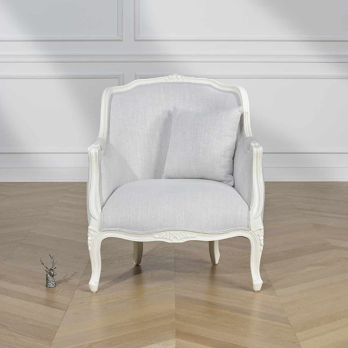 Fauteuil bergère en hévéa et tissu effet lin VICTOR nacre, ROBIN DES BOIS
