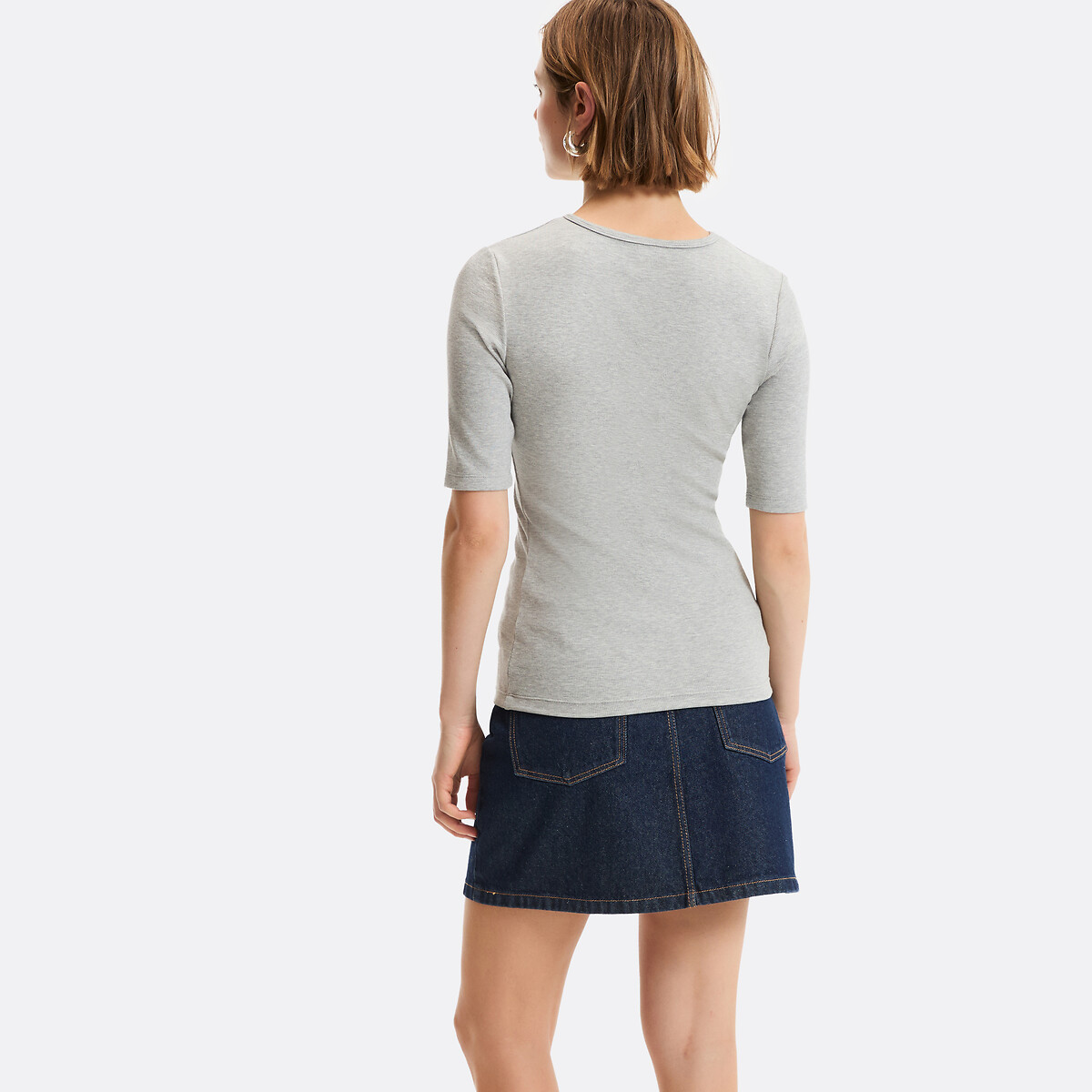 T-shirt com decote tunisino, mangas curtas cinzento mesclado, LA REDOUTE COLLECTIONS
