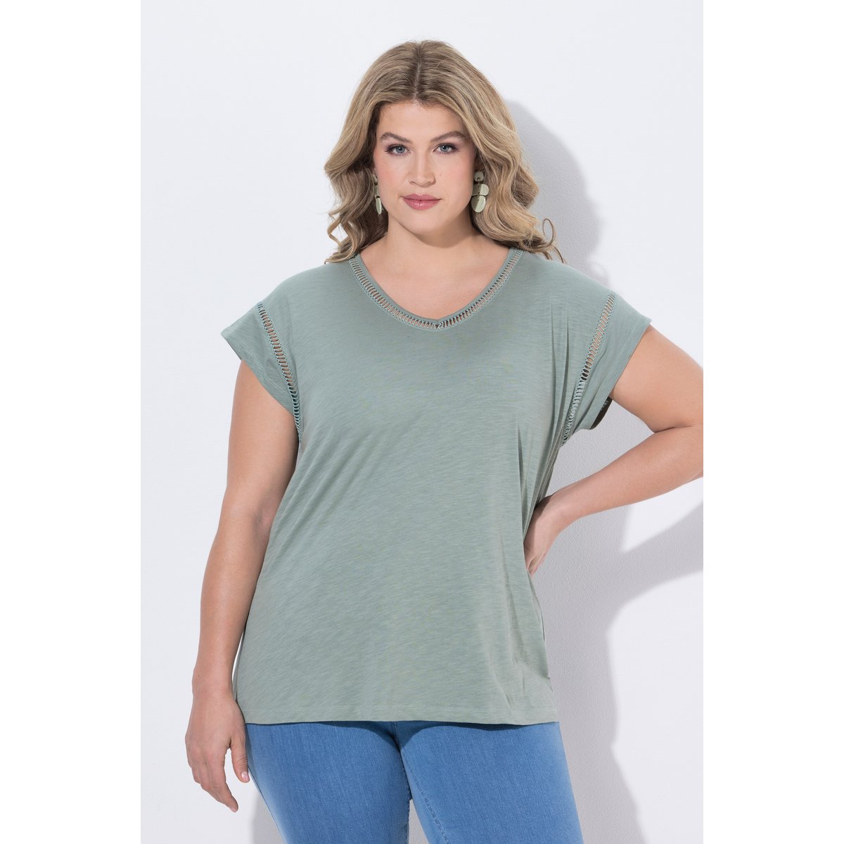 T-shirt V, Oversized, coton bio menthe verte, ULLA POPKEN