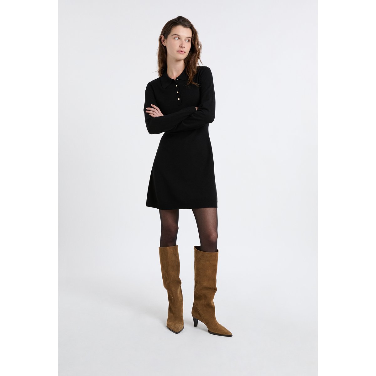 Robe manches longues avec boutons dorés PRISCA noir, ETAM