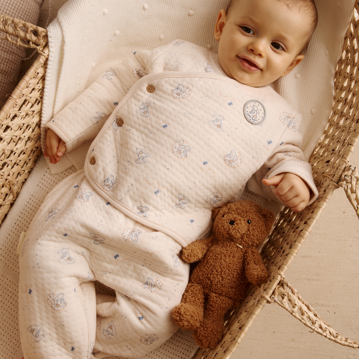 Ensemble bébé gilet et pantalon en coton matelassé Voix Lactée ecru, PETIT BEGUIN