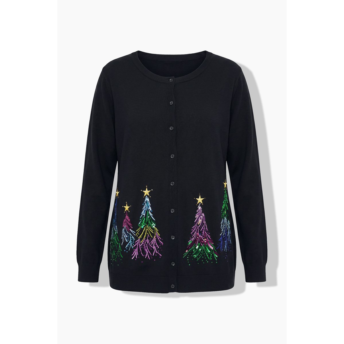 Cardigan de Noël, sapins brodés noir, ULLA POPKEN