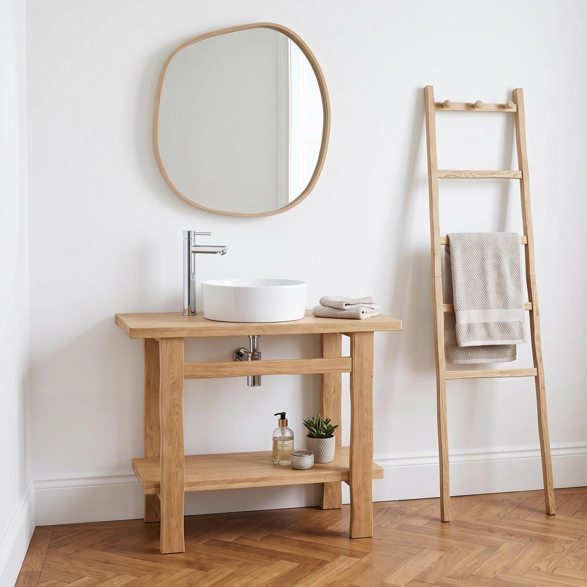Meuble simple vasque sur pieds 95cm en chêne massif esprit établi OFICIO chêne, MOB IN