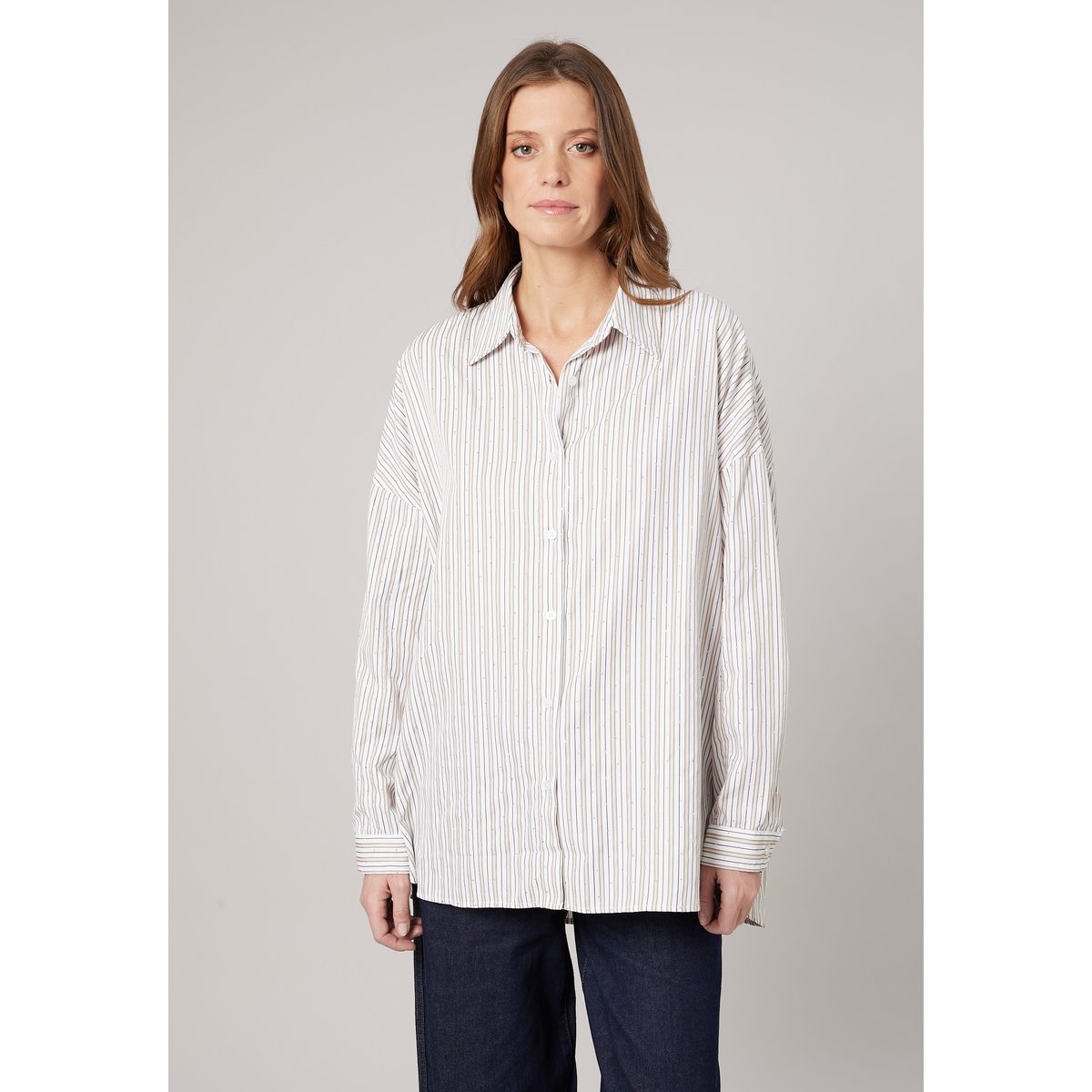 Chemise rayée femme avec strass OWANY beige, DEELUXE