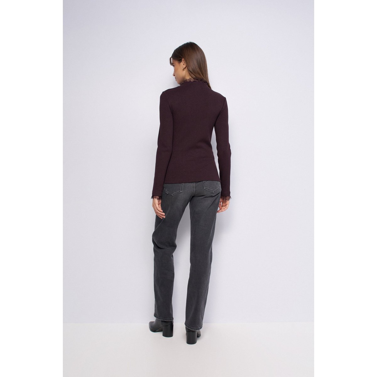 PULL EN MAILLE CÔTELÉE AVEC DENTELLE marron, SALSA JEANS