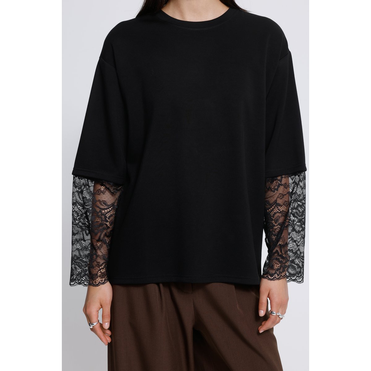 T-Shirt manches longues, détail dentelle, col rond noir, ICHI