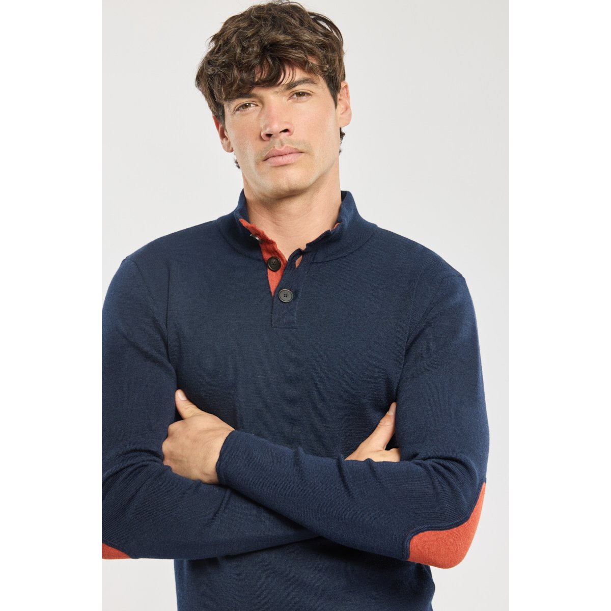 Pull col camionneur Deauville - laine marine deep/ketchup, ARMOR-LUX