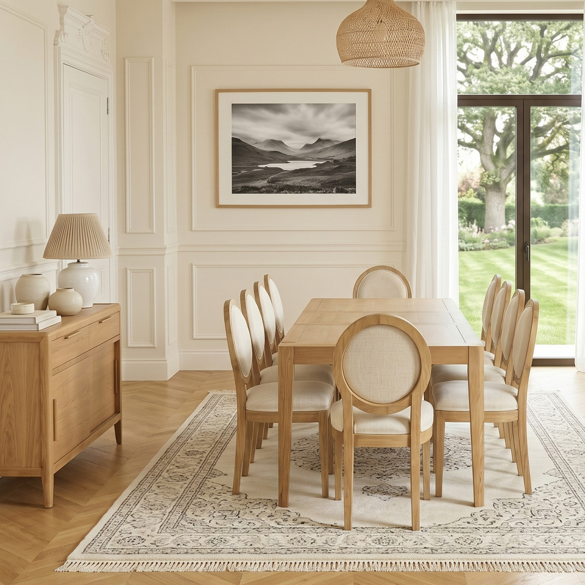 Table à manger aux angles arrondis 12 couverts en chêne, 280 x 100 cm TENNESSEE beige, ROBIN DES BOIS