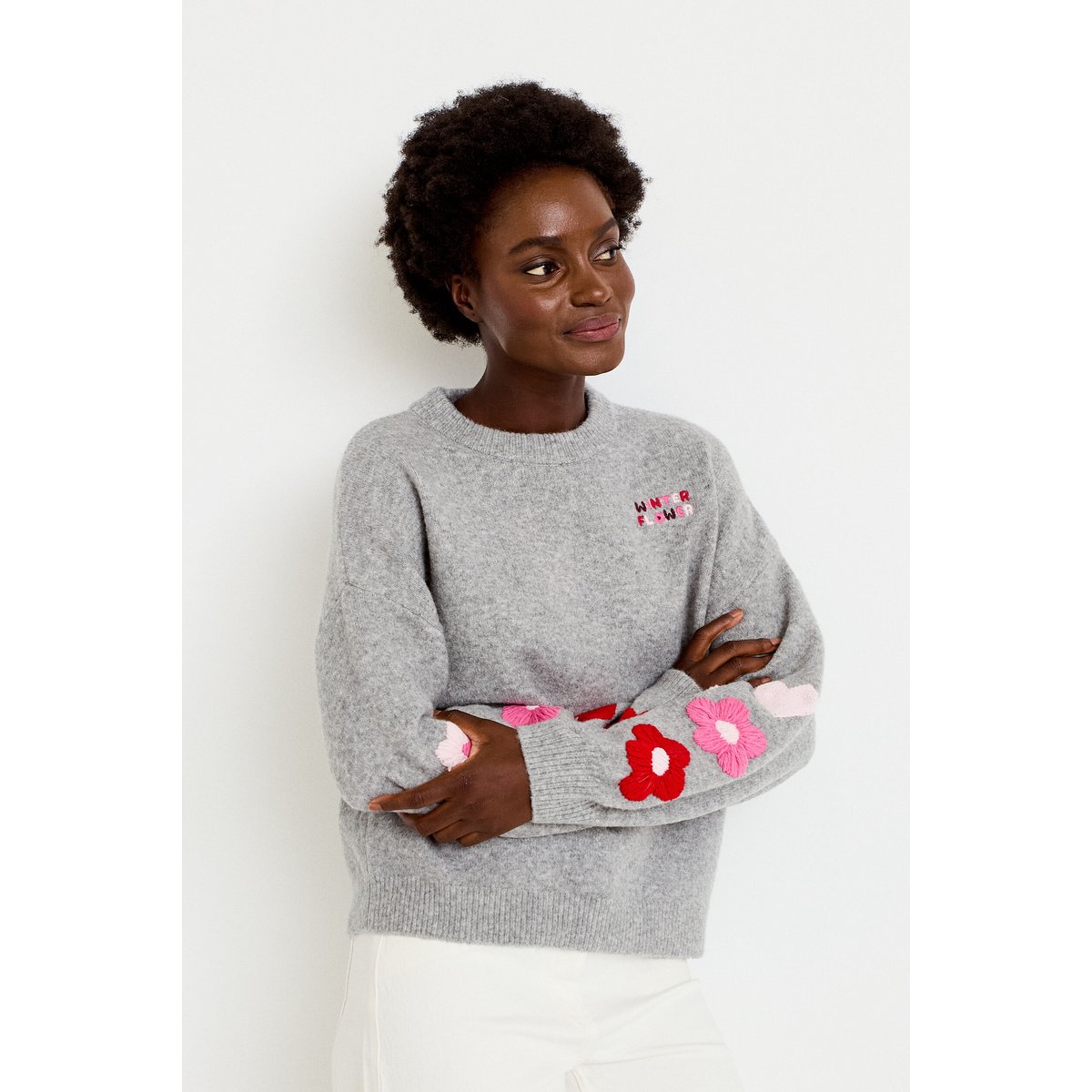 Pull oversize broderie col rond gris clair, CACHE CACHE
