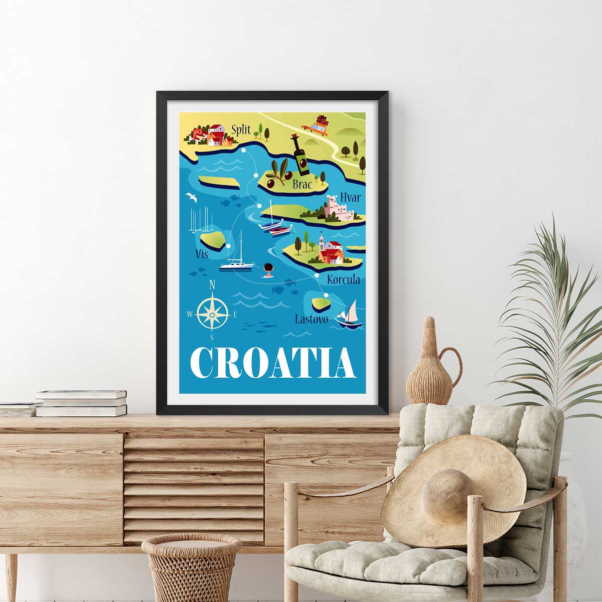 Poster de les iles de croatie affiche + cadre en bois - noir, HEXOA
