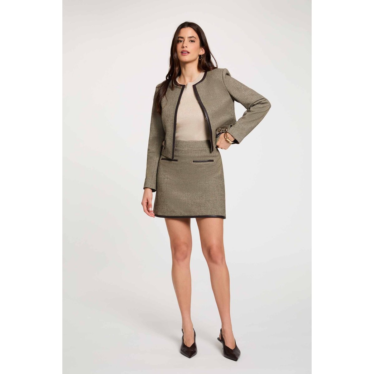 Jupe tweed taille haute vert kaki, MORGAN