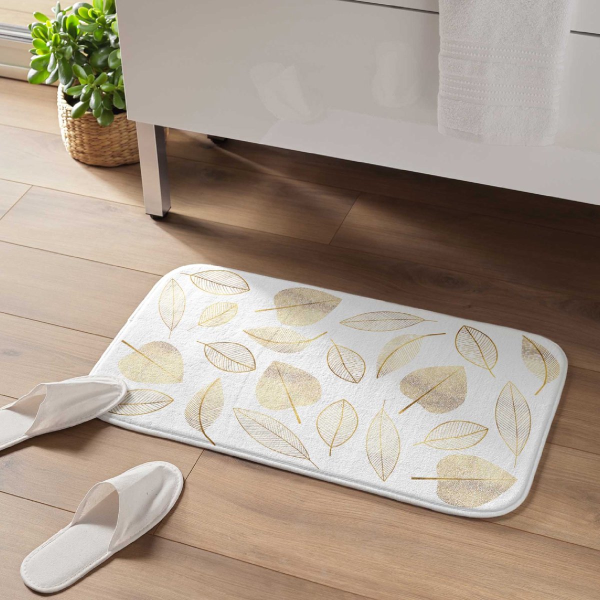 Tapis de Bain Joya Feuilles Dorées blanc, DOUCEUR D'INTÉRIEUR