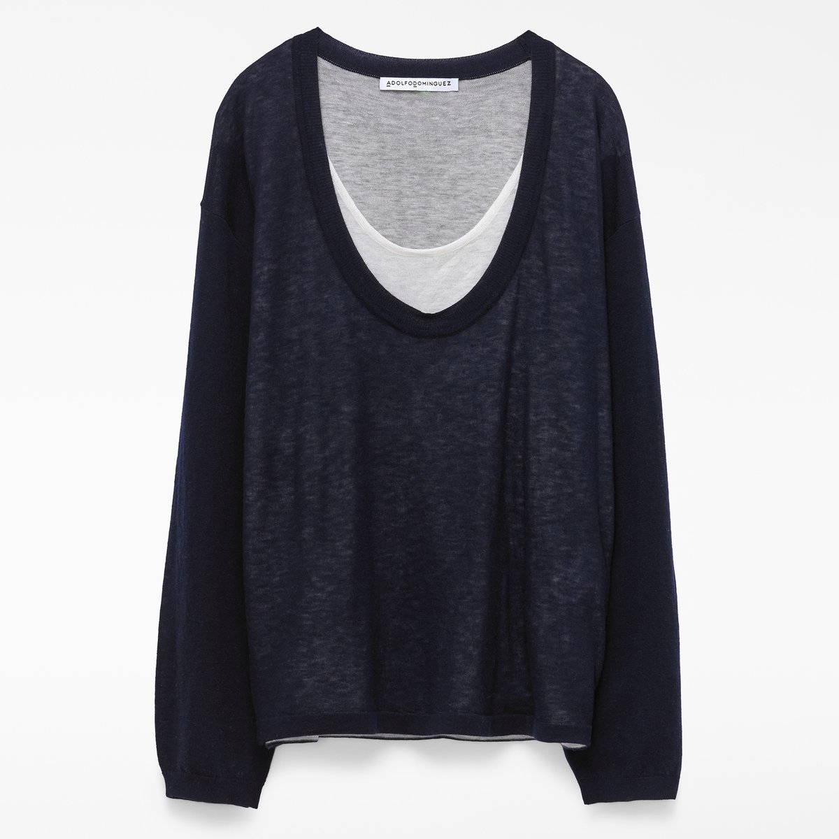 Pull en laine mérinos à double couche bleu/blanc, ADOLFO DOMINGUEZ