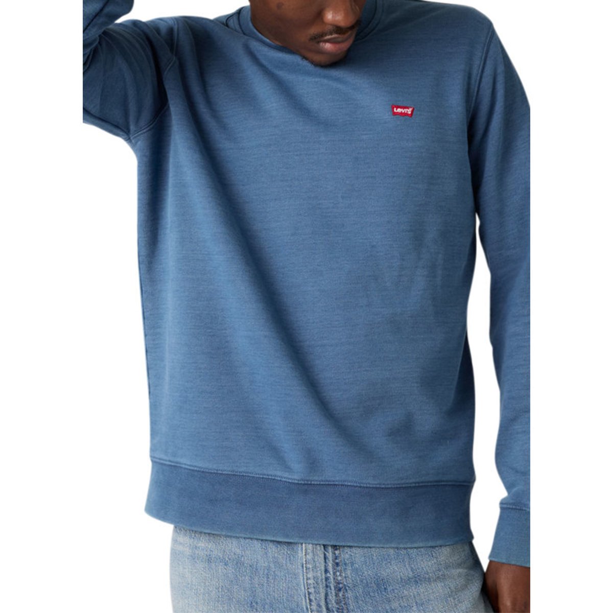 Pull en coton bleu à coupe droite effet délavé pourvu d'un col rond bleu, LEVI'S