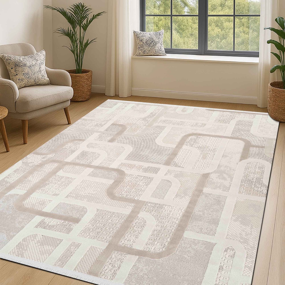 Tapis doux moderne en relief géométrique GEO beige, THE DECO FACTORY