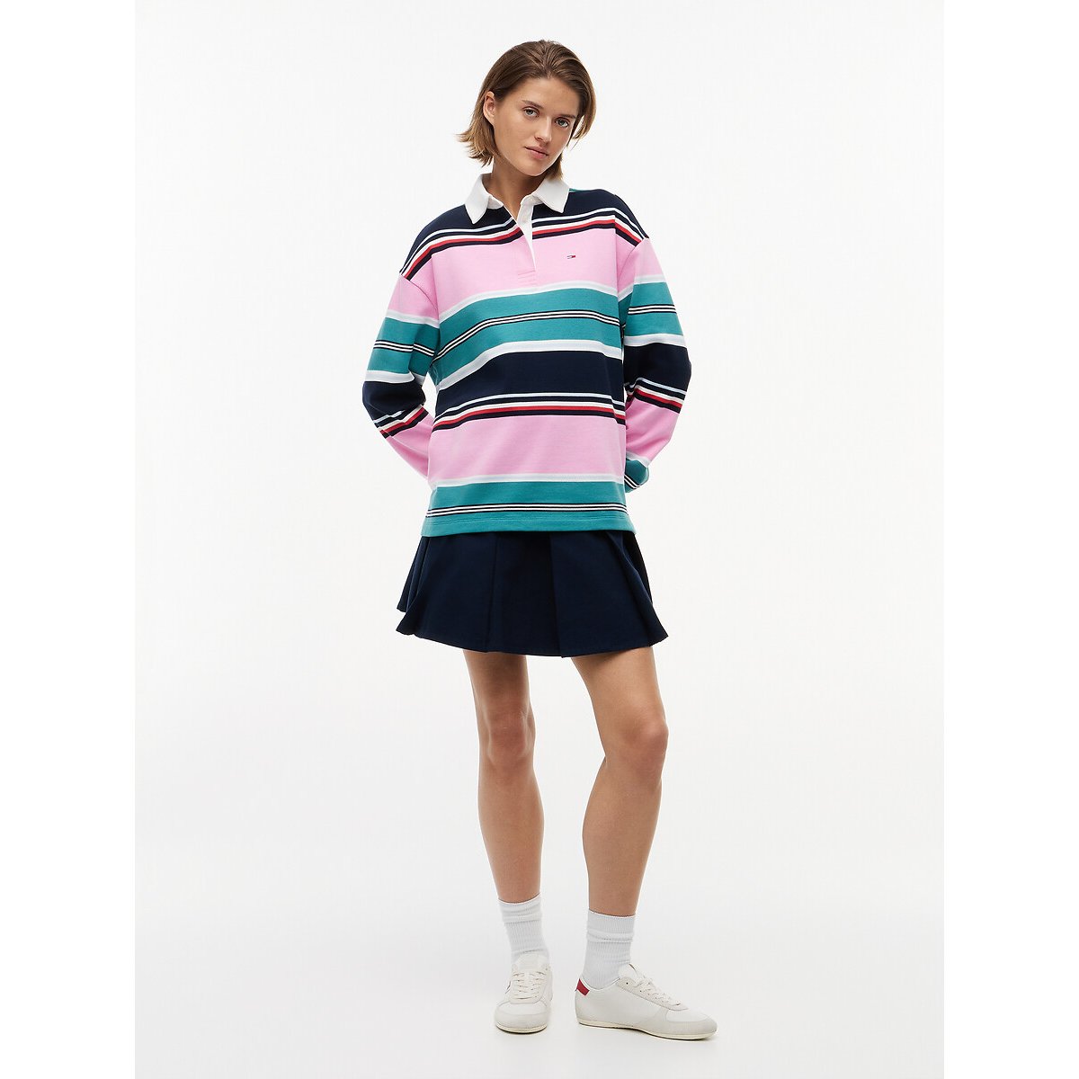Polo à manches longues rugby rose/vert, TOMMY JEANS