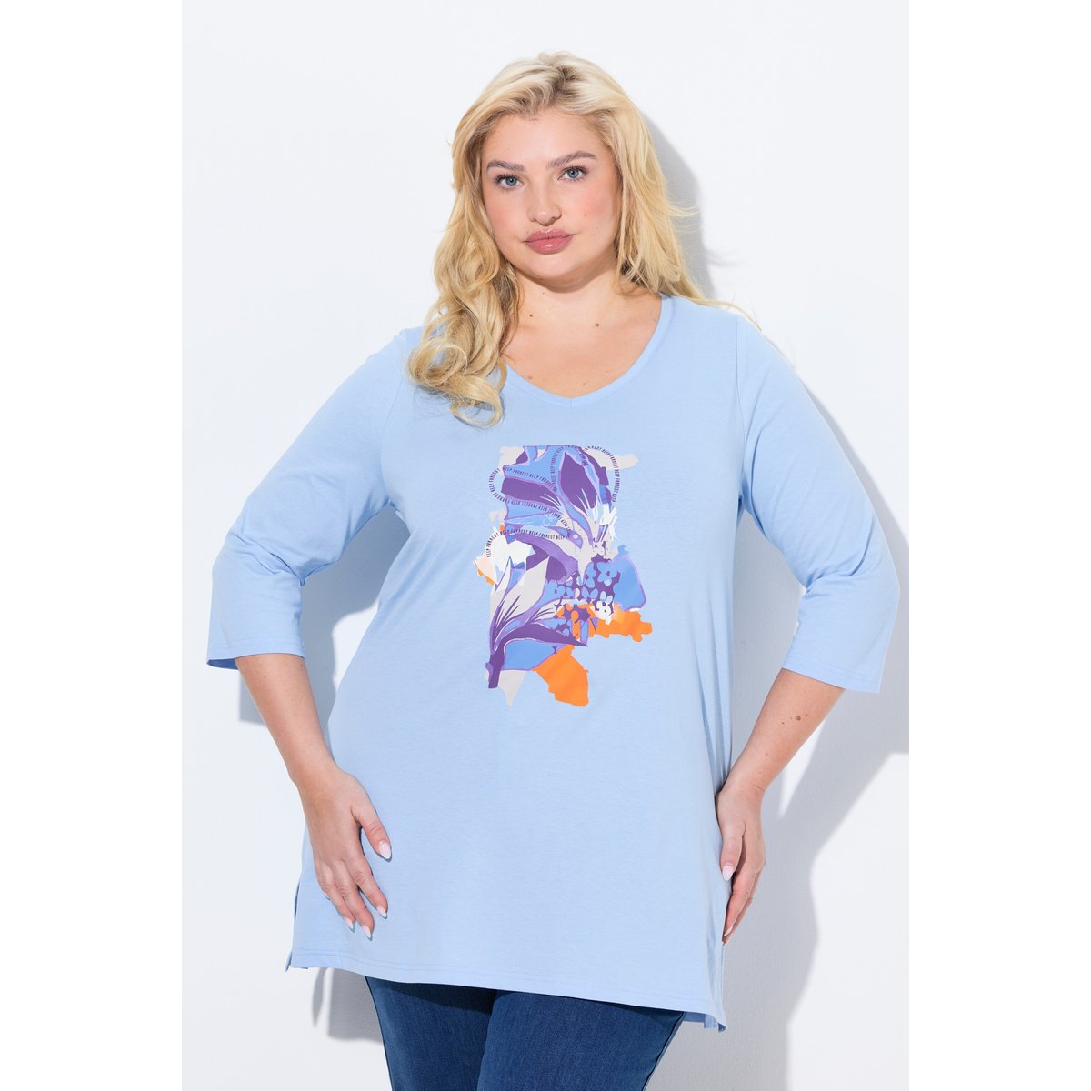 T-shirt motif à fleurs, coupe évasée bleu clair, ULLA POPKEN