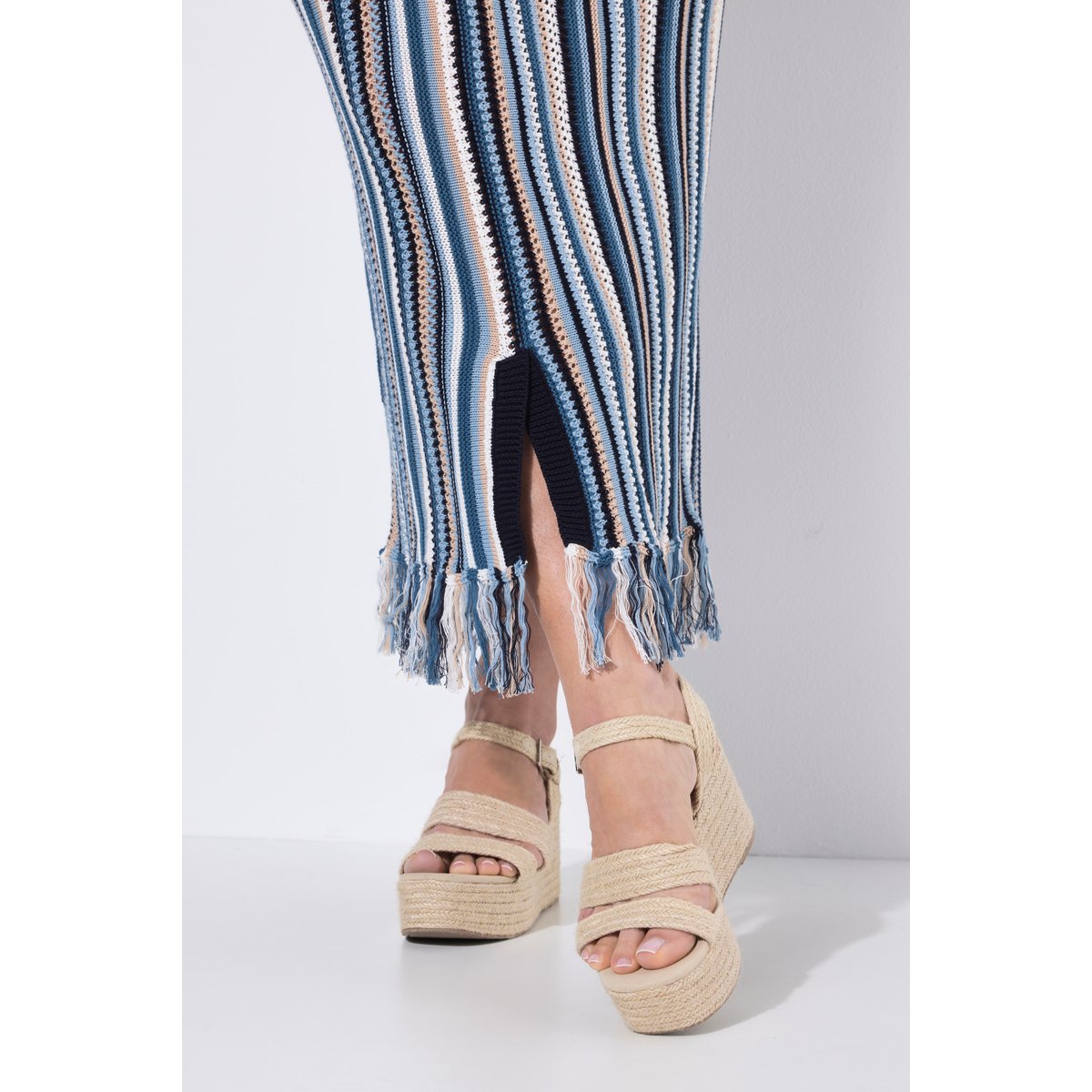 Jupe à rayures, maille ajourée bleu jean, ULLA POPKEN