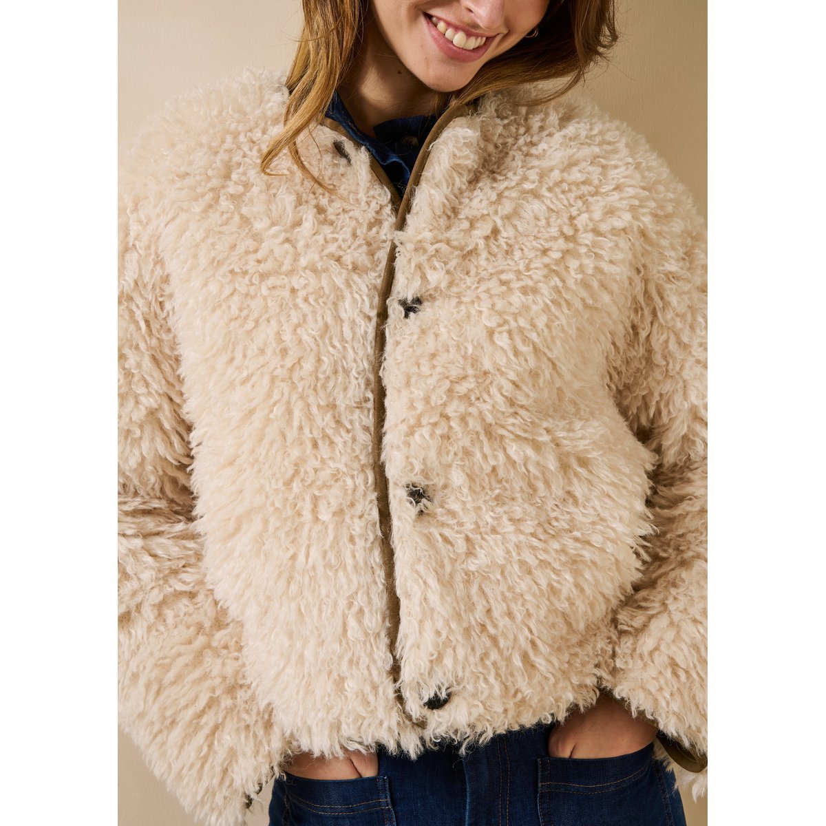 Manteau court réversible à imitation fourrure ecru, LA FEE MARABOUTEE