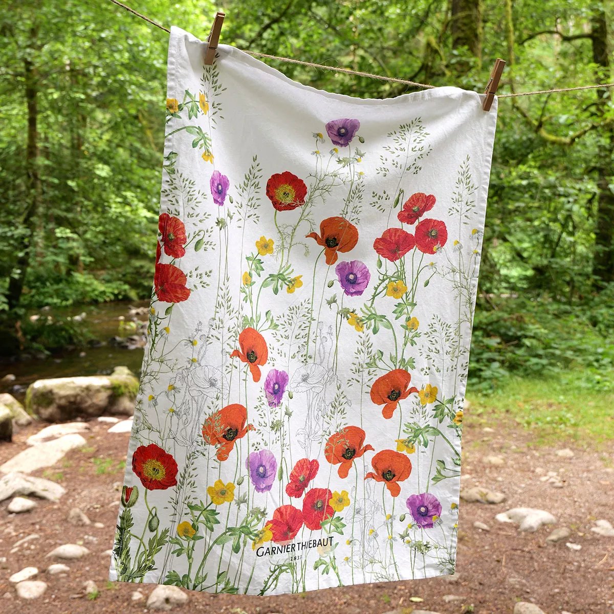 Torchon lin & coton lavé LES COQUELICOTS violet, GARNIER THIEBAUT