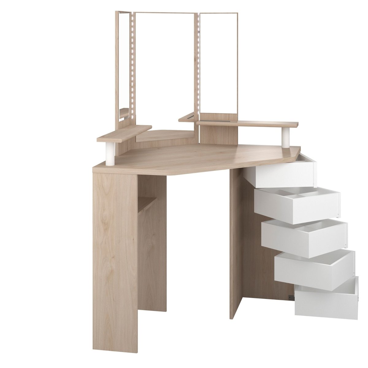 Coiffeuse d'angle avec miroirs et rangements bois naturel, TERRE DE NUIT
