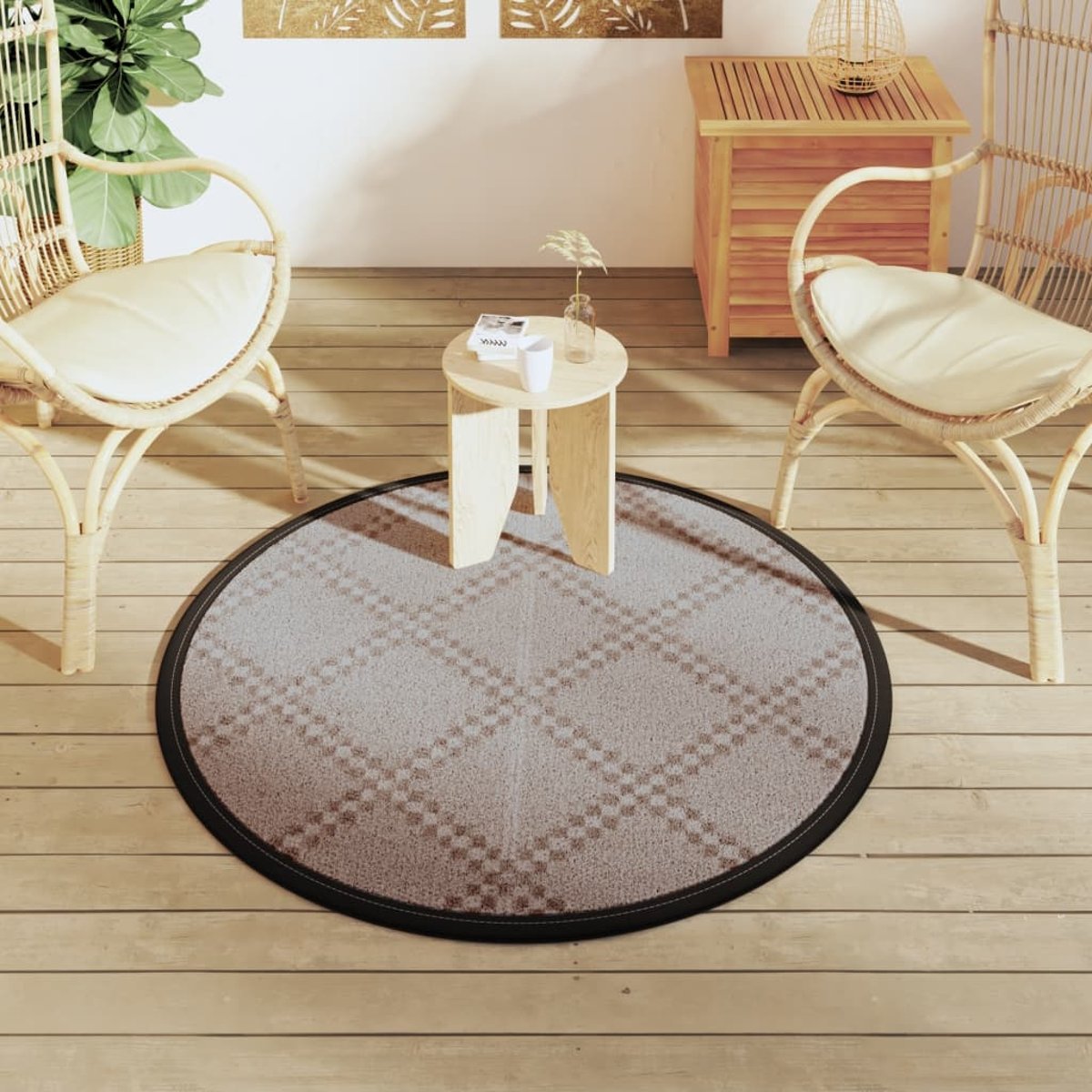 Tapis d’extérieur rond réversible motif graphique tissé marron brun, HOME MAISON