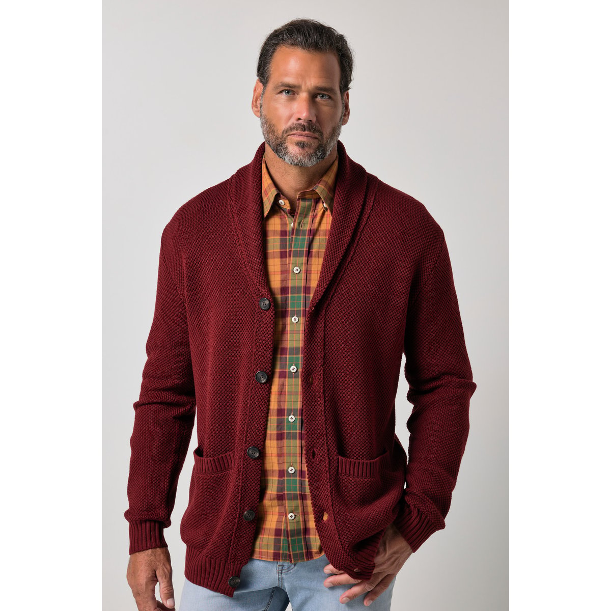 Cardigan en maille texturée, col châle marron cuivre, JP1880