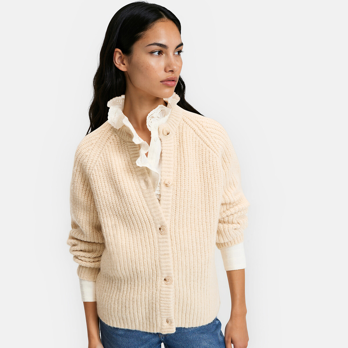 Strickjacke mit Rundhalsausschnitt und Rippmuster ecru, LA REDOUTE COLLECTIONS