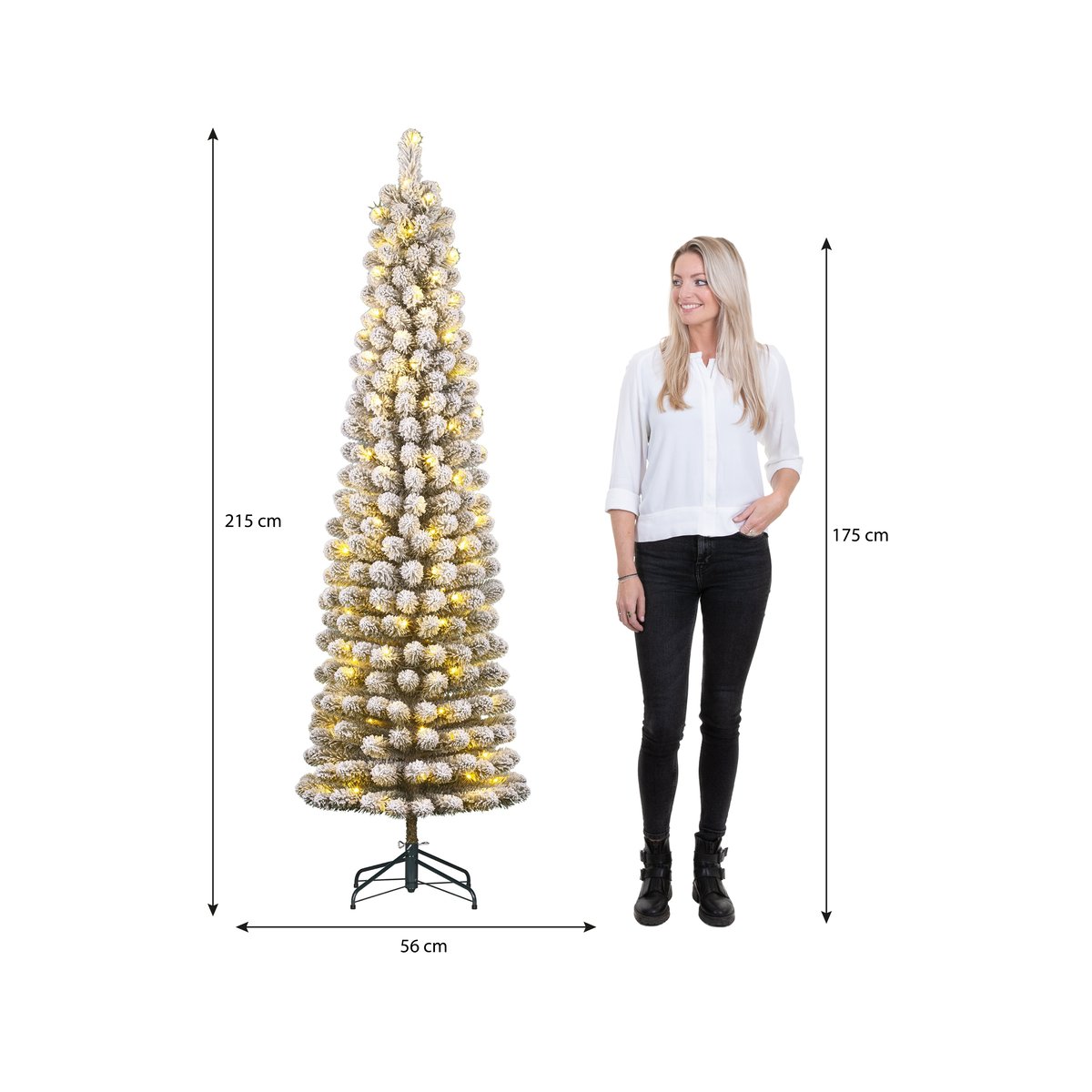 Sapin de Noël artificiel étroit et enneigé avec LED H215 cm CHARLTON vert, BLACK BOX TREES
