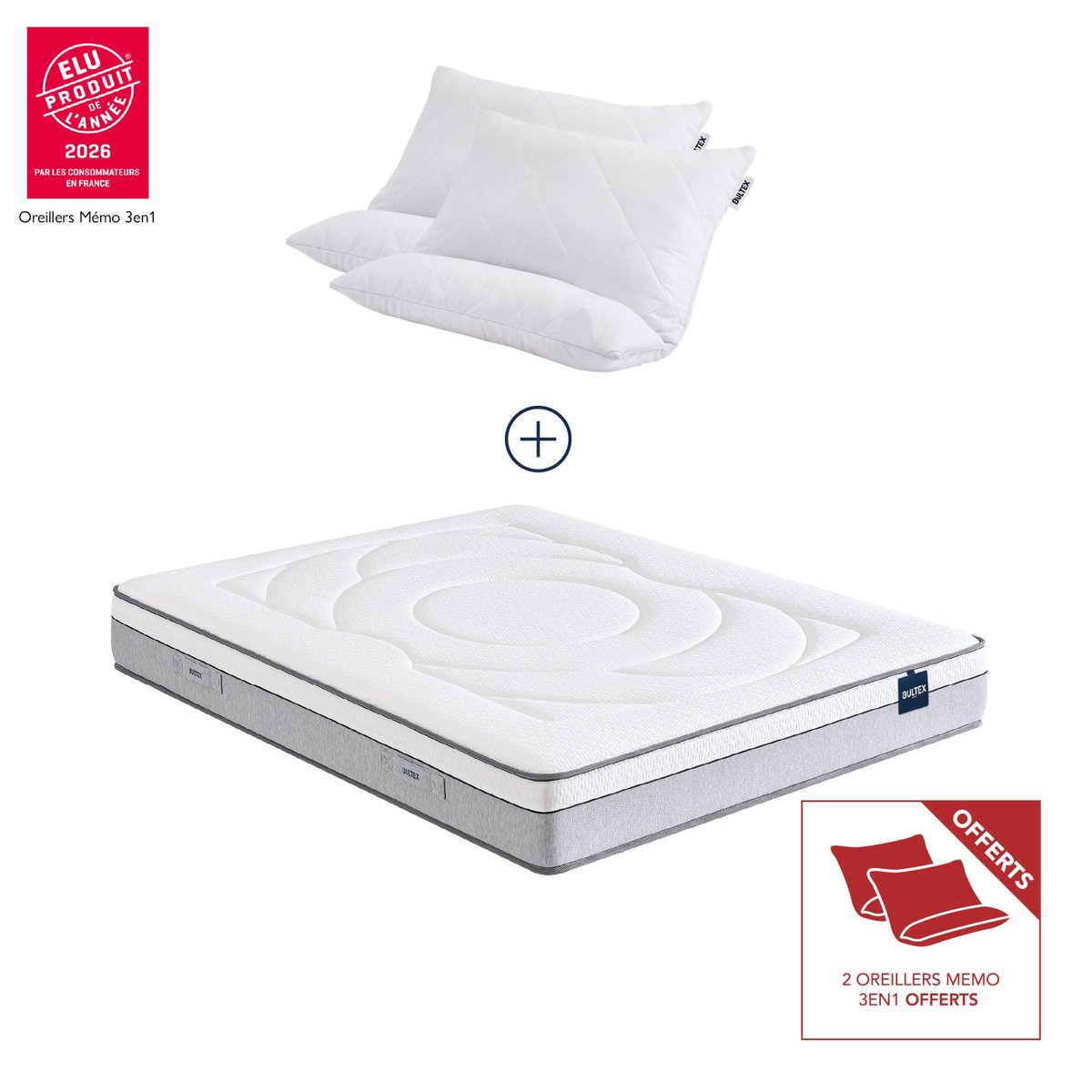 Ensemble matelas hybride ferme Restore + 2 oreillers Memo 3-en-1 offerts - Restore couleur unique, BULTEX