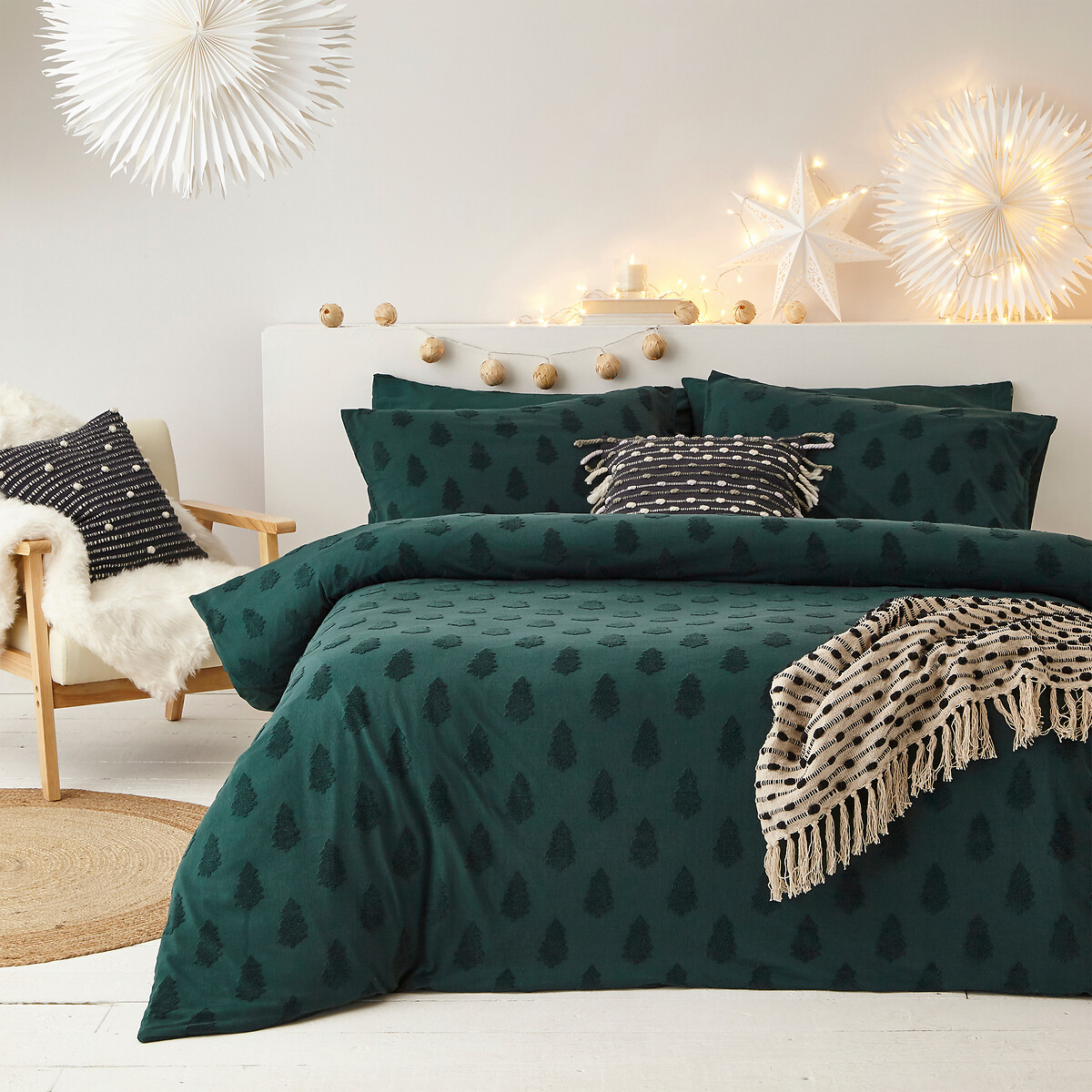 Tufted Tree 100% Cotton Duvet Cover and Pillowcase Set pine green, FURN.
