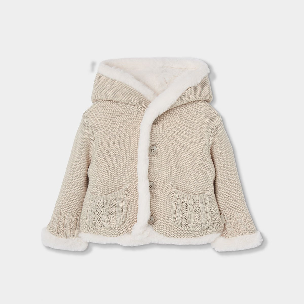 Veste bébé en maille réversible à capuche beige, BOBOLI