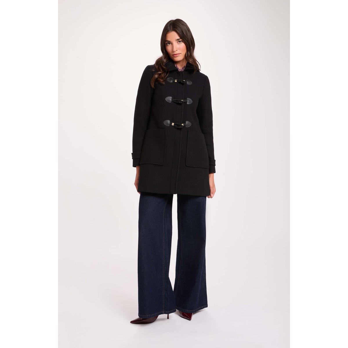 Manteau mi-long brandebourg noir, MORGAN